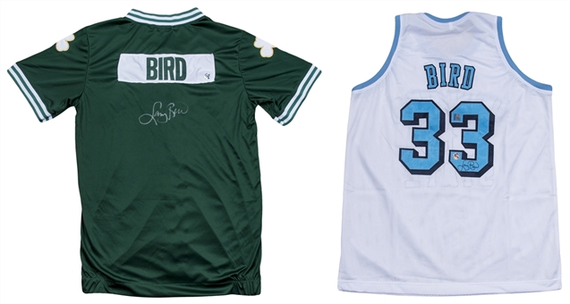 Lot of (2) Larry Bird Autographed Jerseys - Boston Celtics Warm Up Jacket & Indiana State Sycamores Home Jersey (Bird Holo) 